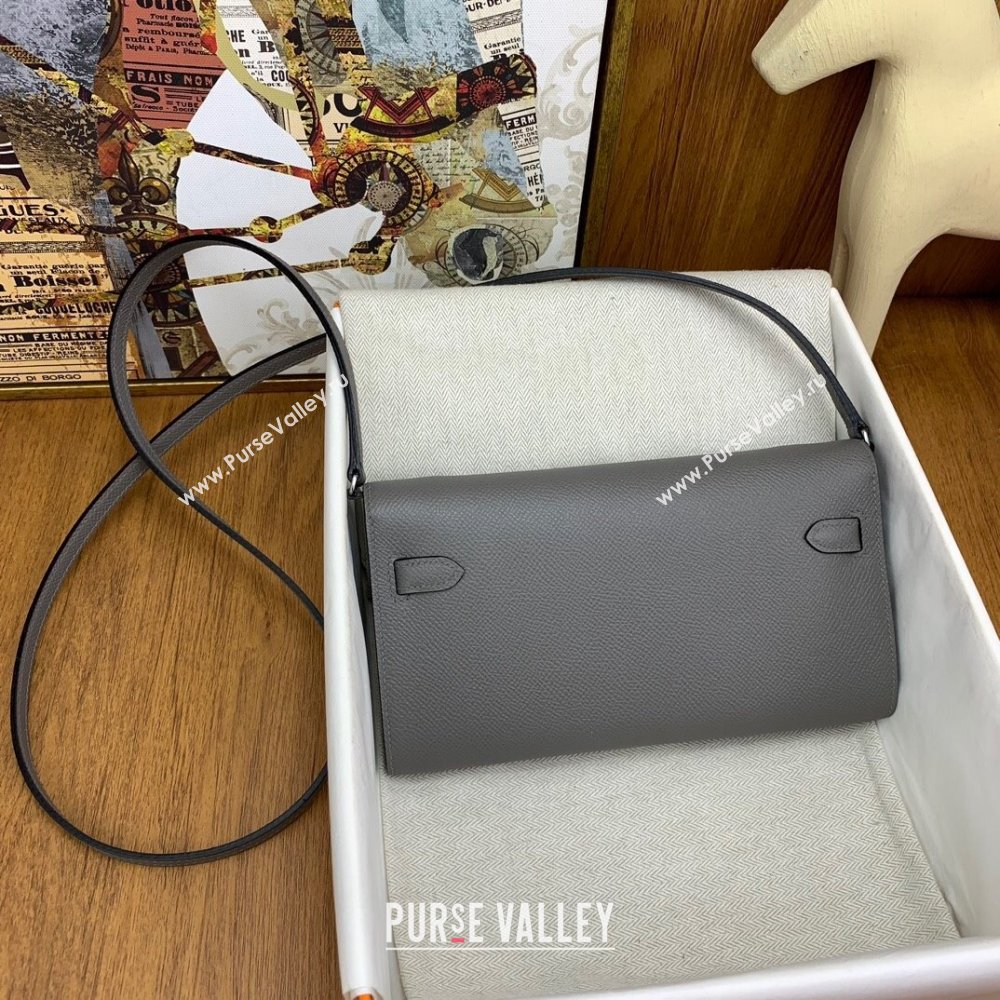 Hermes Kelly To Go Wallet Bag in Original Epsom Leather OL Cumulonimbus Grey/Silver 2024(Full Handmade) (XYA-24100821)