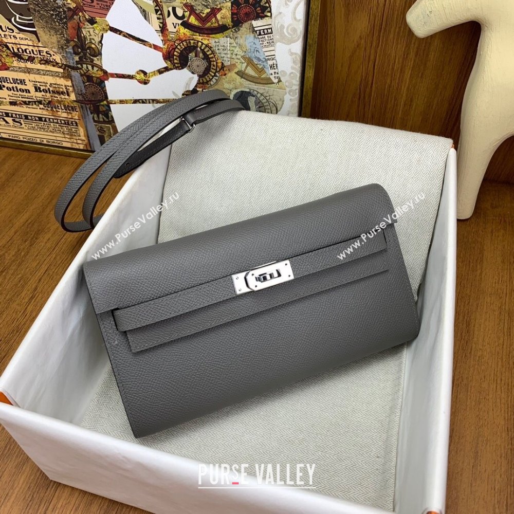 Hermes Kelly To Go Wallet Bag in Original Epsom Leather OL Cumulonimbus Grey/Silver 2024(Full Handmade) (XYA-24100821)