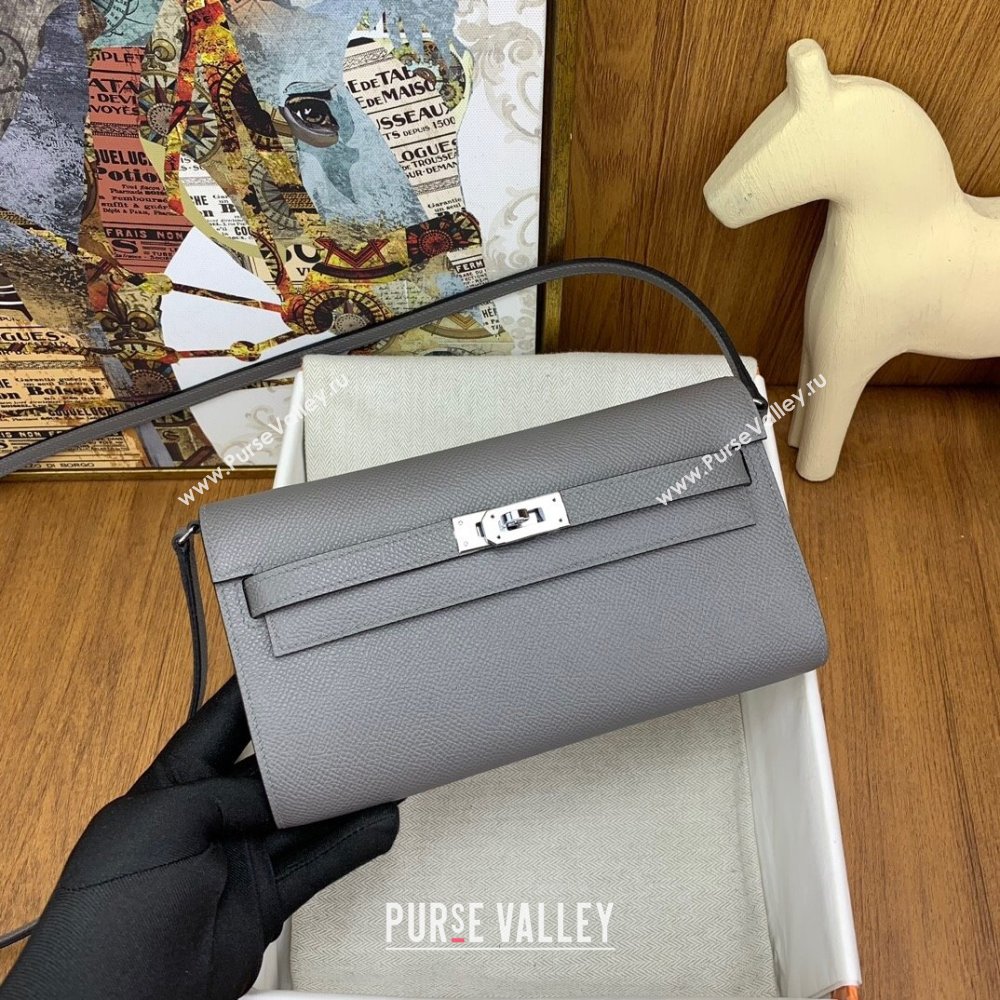 Hermes Kelly To Go Wallet Bag in Original Epsom Leather OL Cumulonimbus Grey/Silver 2024(Full Handmade) (XYA-24100821)