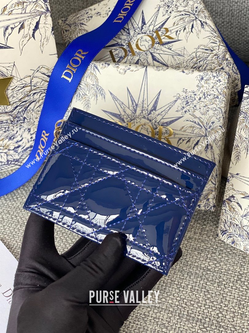 Dior Lady Dior Zipped Card Holder in Blue Patent Cannage Calfskin 2024 (DMZ-2411118)