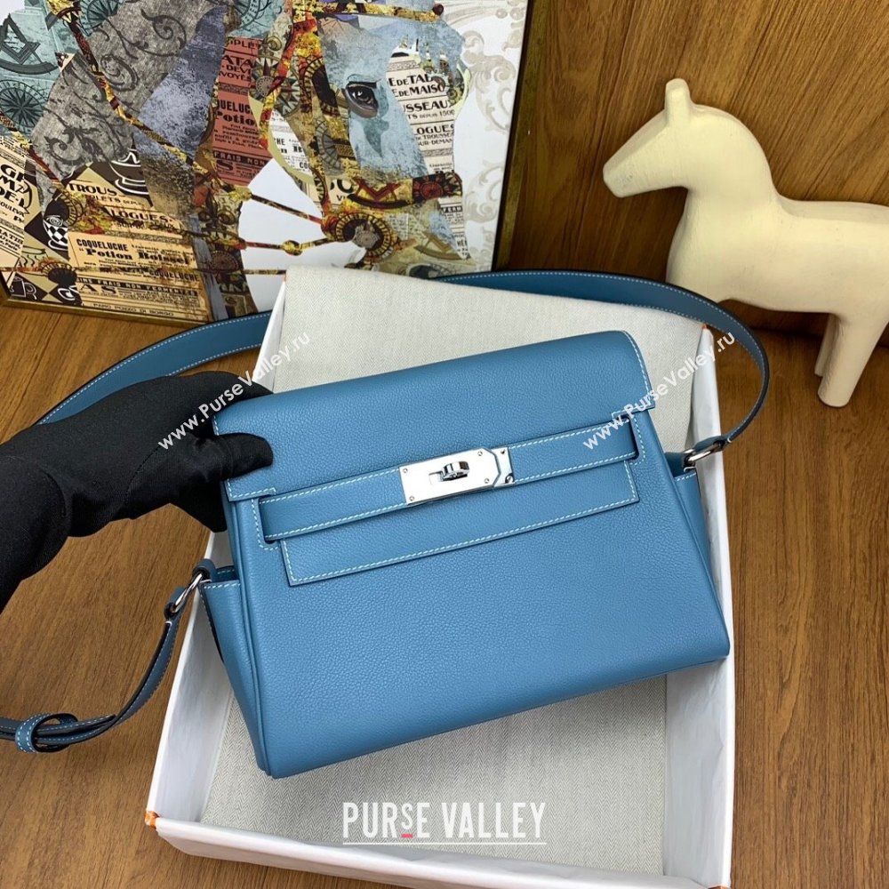 Hermes Kelly Messenger Bag in Original Evercolor Leather Denim Blue/Silver 2024(Full Handmade) (XY-241030019)