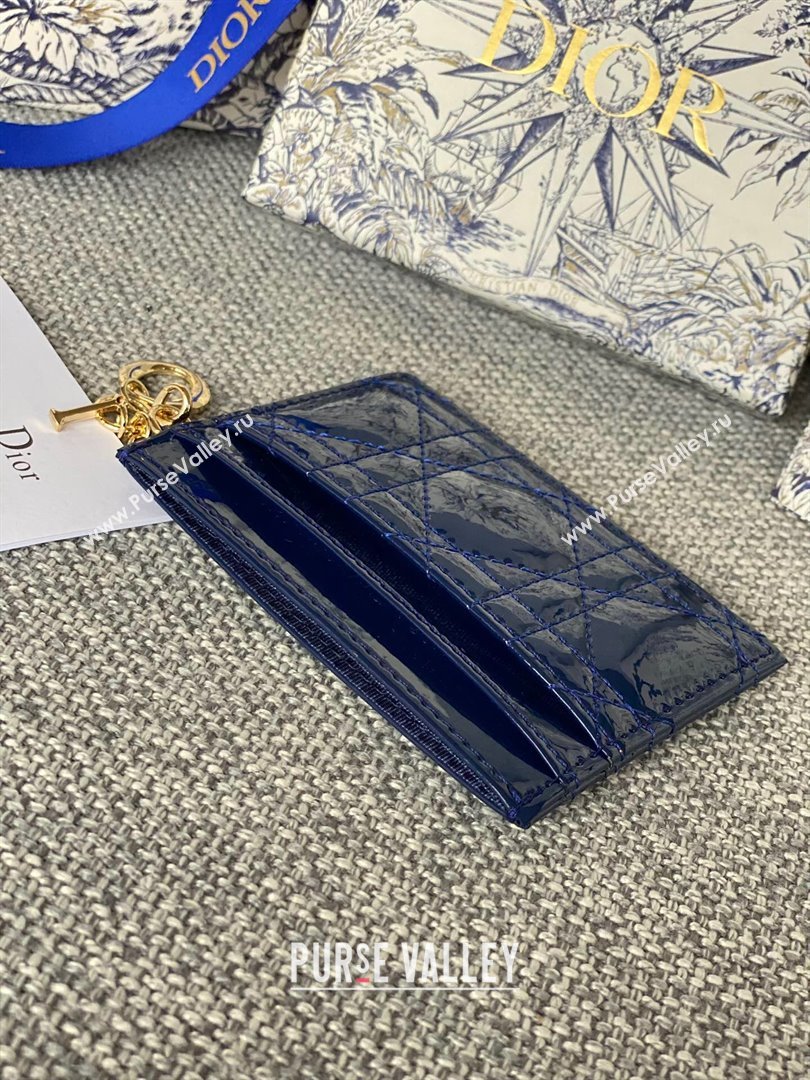 Dior Lady Dior Zipped Card Holder in Blue Patent Cannage Calfskin 2024 (DMZ-2411118)