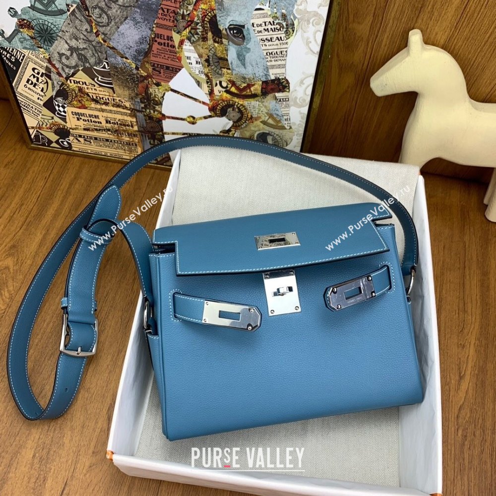 Hermes Kelly Messenger Bag in Original Evercolor Leather Denim Blue/Silver 2024(Full Handmade) (XY-241030019)