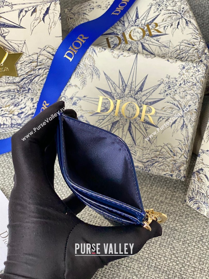 Dior Lady Dior Zipped Card Holder in Blue Patent Cannage Calfskin 2024 (DMZ-2411118)