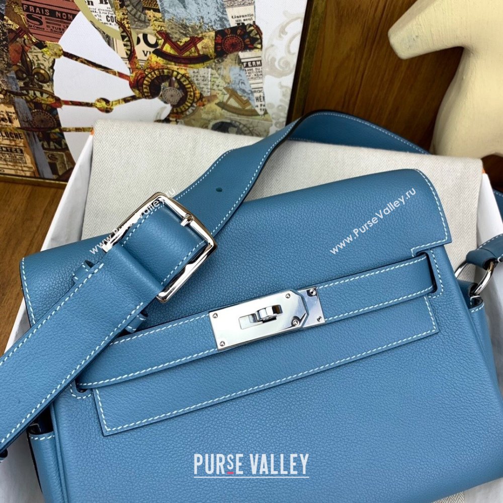 Hermes Kelly Messenger Bag in Original Evercolor Leather Denim Blue/Silver 2024(Full Handmade) (XY-241030019)