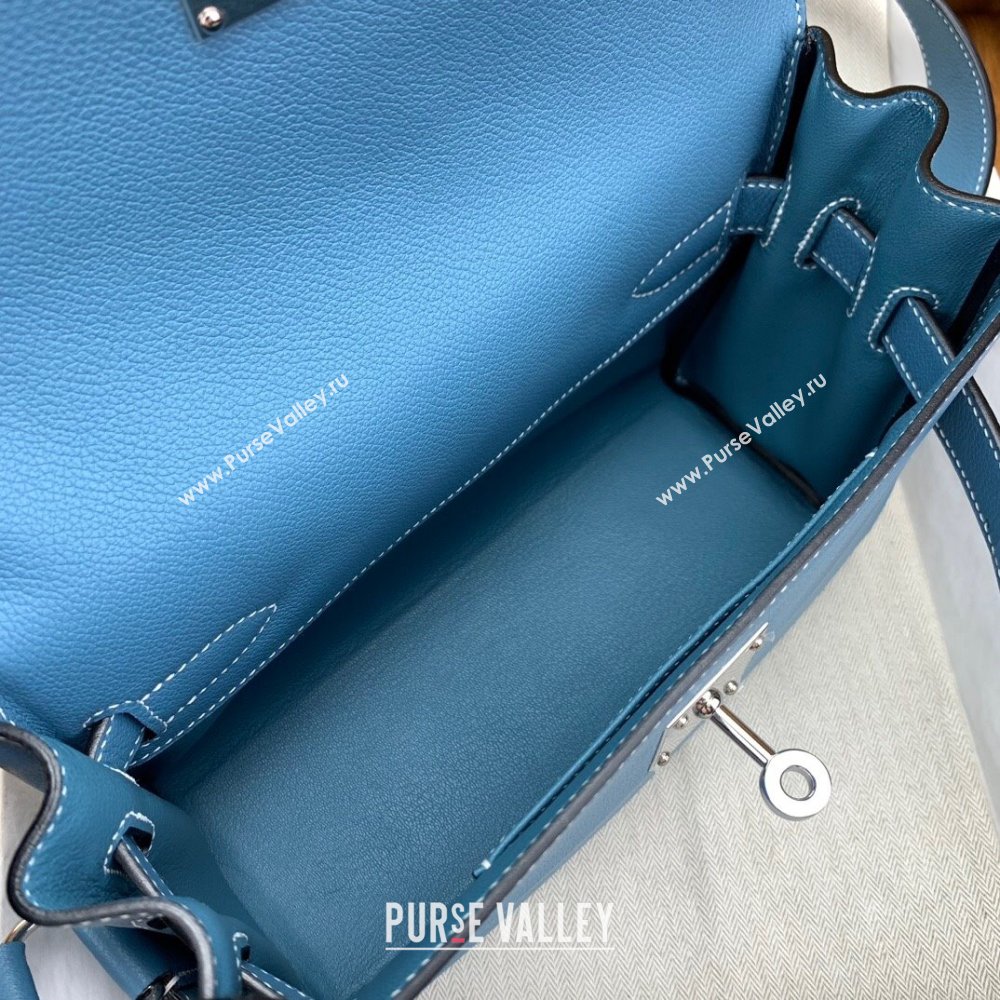 Hermes Kelly Messenger Bag in Original Evercolor Leather Denim Blue/Silver 2024(Full Handmade) (XY-241030019)