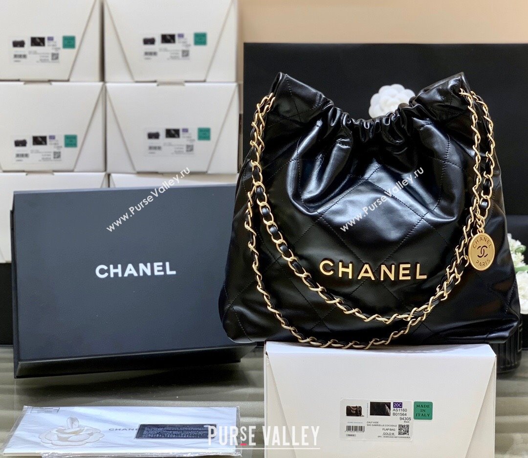 Chanel 22 Small Bag in Shiny Calfskin AS3260 Black/Gold 2024 Top Quality (SHUNY-24062429)