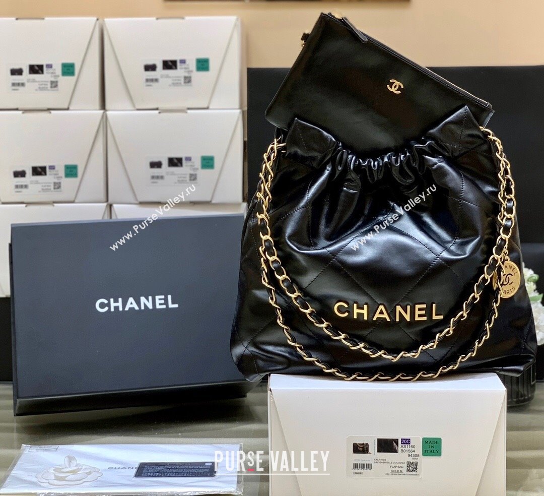 Chanel 22 Small Bag in Shiny Calfskin AS3260 Black/Gold 2024 Top Quality (SHUNY-24062429)