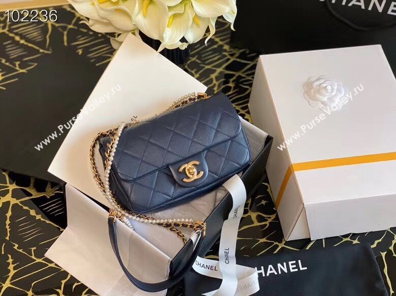 Chanel Quilted Calfskin Flap Bag with Pearl and Chain Strap AS2210 Navy Blue 2020 (JY-20111913)