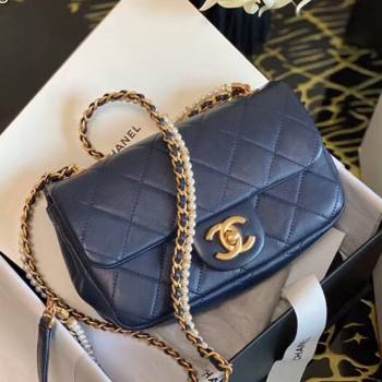 Chanel Quilted Calfskin Flap Bag with Pearl and Chain Strap AS2210 Navy Blue 2020 (JY-20111913)