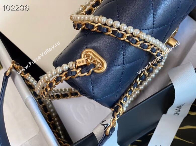 Chanel Quilted Calfskin Flap Bag with Pearl and Chain Strap AS2210 Navy Blue 2020 (JY-20111913)