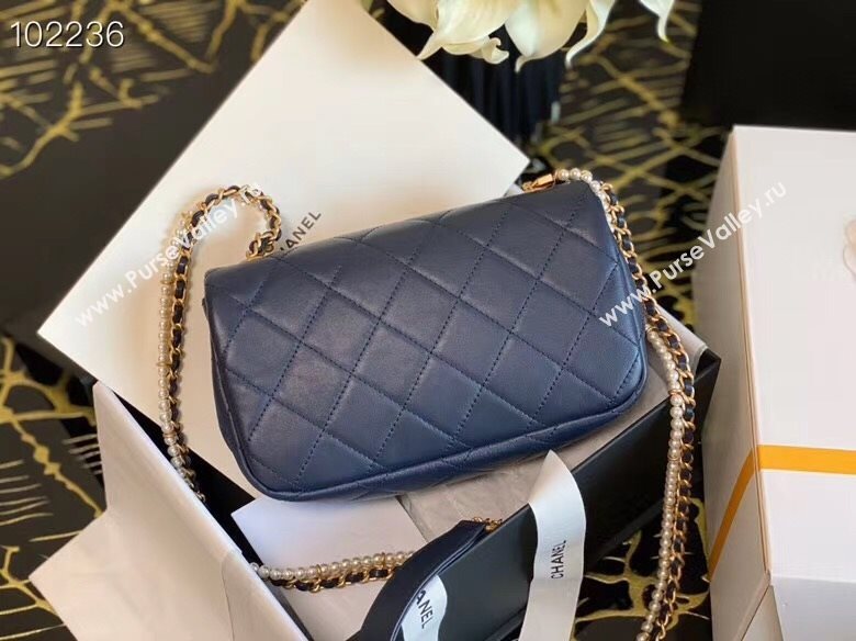 Chanel Quilted Calfskin Flap Bag with Pearl and Chain Strap AS2210 Navy Blue 2020 (JY-20111913)