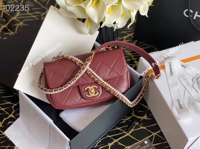 Chanel Quilted Calfskin Flap Bag with Pearl and Chain Strap AS2210 Burgundy 2020 (JY-20111914)