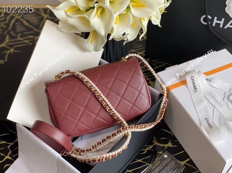 Chanel Quilted Calfskin Flap Bag with Pearl and Chain Strap AS2210 Burgundy 2020 (JY-20111914)