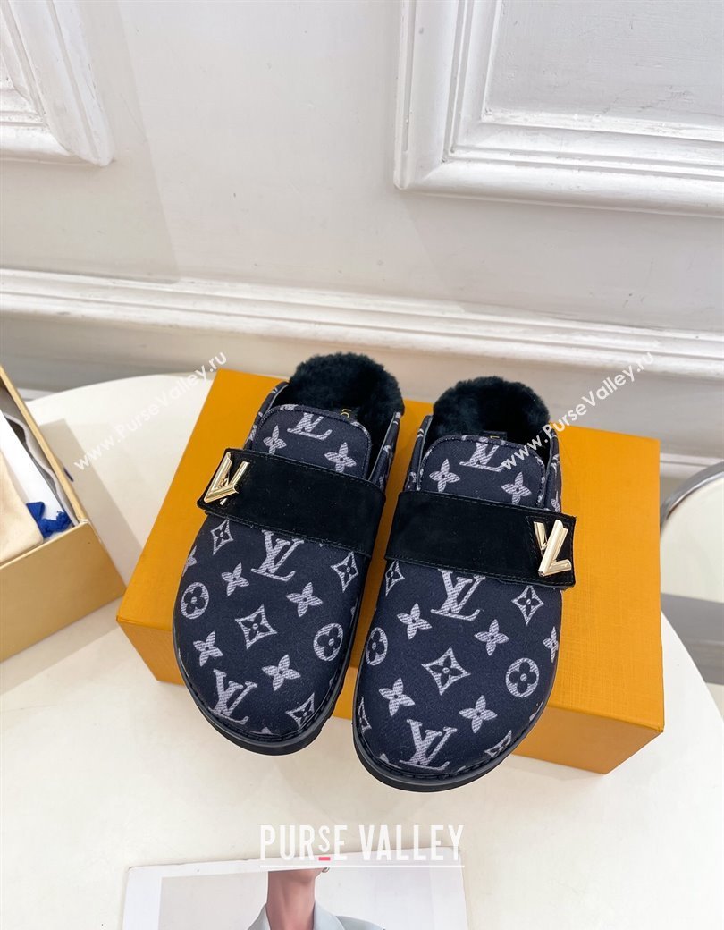 Louis Vuitton LV Cosy Flat Comfort Clog Mules in Monogram Wool and Shearling Dark Blue 2024 1ADD7G (MD-241224047)