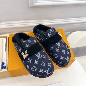 Louis Vuitton LV Cosy Flat Comfort Clog Mules in Monogram Wool and Shearling Dark Blue 2024 1ADD7G (MD-241224047)