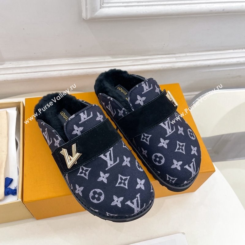 Louis Vuitton LV Cosy Flat Comfort Clog Mules in Monogram Wool and Shearling Dark Blue 2024 1ADD7G (MD-241224047)