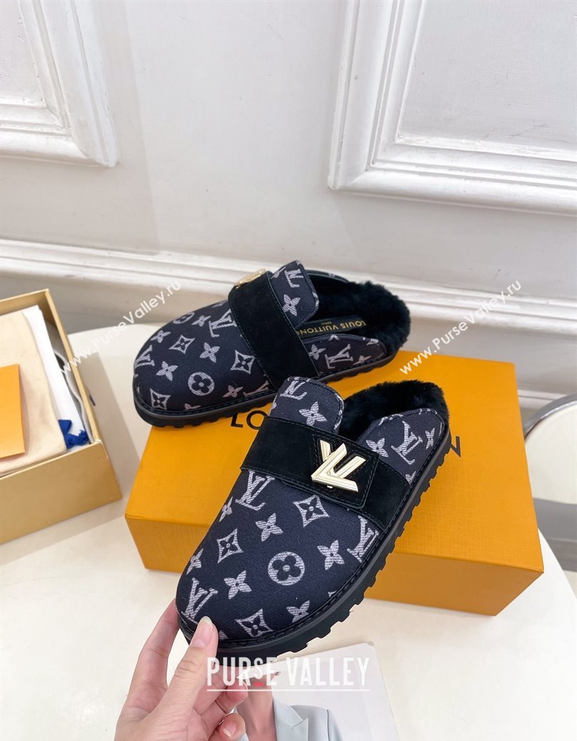 Louis Vuitton LV Cosy Flat Comfort Clog Mules in Monogram Wool and Shearling Dark Blue 2024 1ADD7G (MD-241224047)