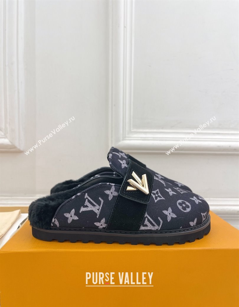 Louis Vuitton LV Cosy Flat Comfort Clog Mules in Monogram Wool and Shearling Dark Blue 2024 1ADD7G (MD-241224047)