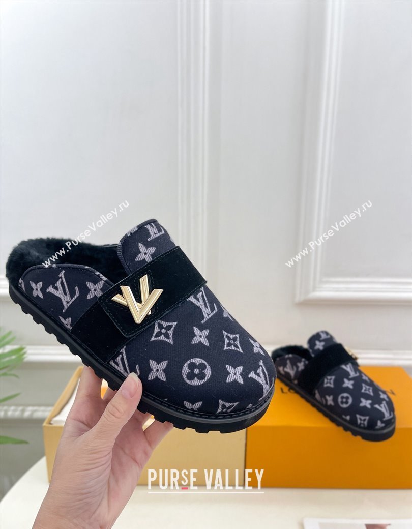 Louis Vuitton LV Cosy Flat Comfort Clog Mules in Monogram Wool and Shearling Dark Blue 2024 1ADD7G (MD-241224047)