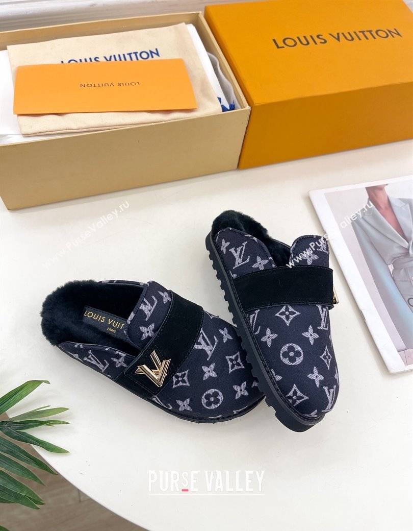 Louis Vuitton LV Cosy Flat Comfort Clog Mules in Monogram Wool and Shearling Dark Blue 2024 1ADD7G (MD-241224047)