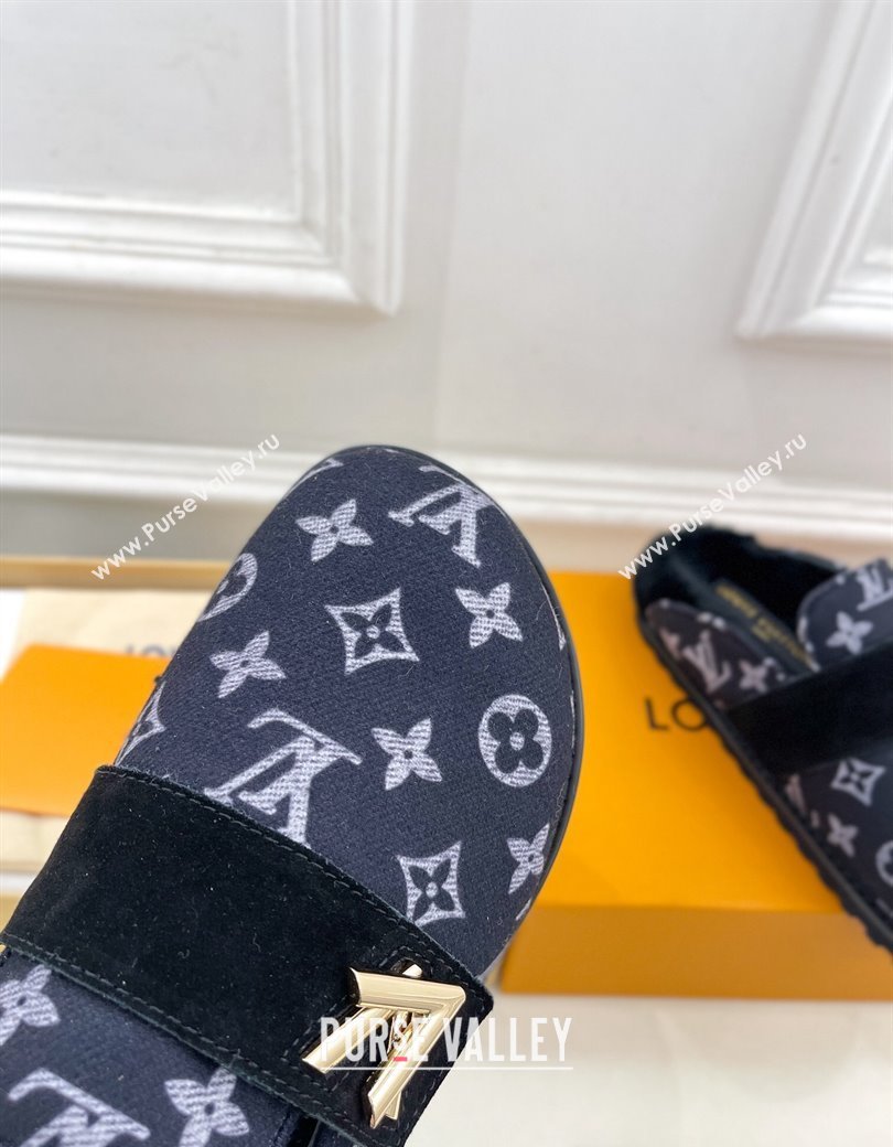 Louis Vuitton LV Cosy Flat Comfort Clog Mules in Monogram Wool and Shearling Dark Blue 2024 1ADD7G (MD-241224047)