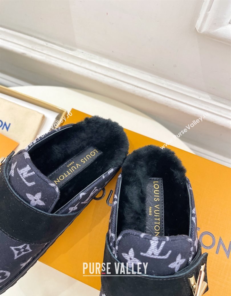 Louis Vuitton LV Cosy Flat Comfort Clog Mules in Monogram Wool and Shearling Dark Blue 2024 1ADD7G (MD-241224047)