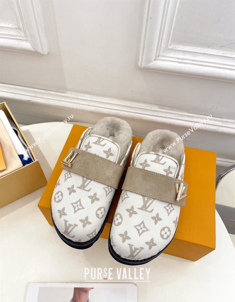 Louis Vuitton LV Cosy Flat Comfort Clog Mules in Monogram Wool and Shearling White 2024 1ADD7G (MD-241224048)