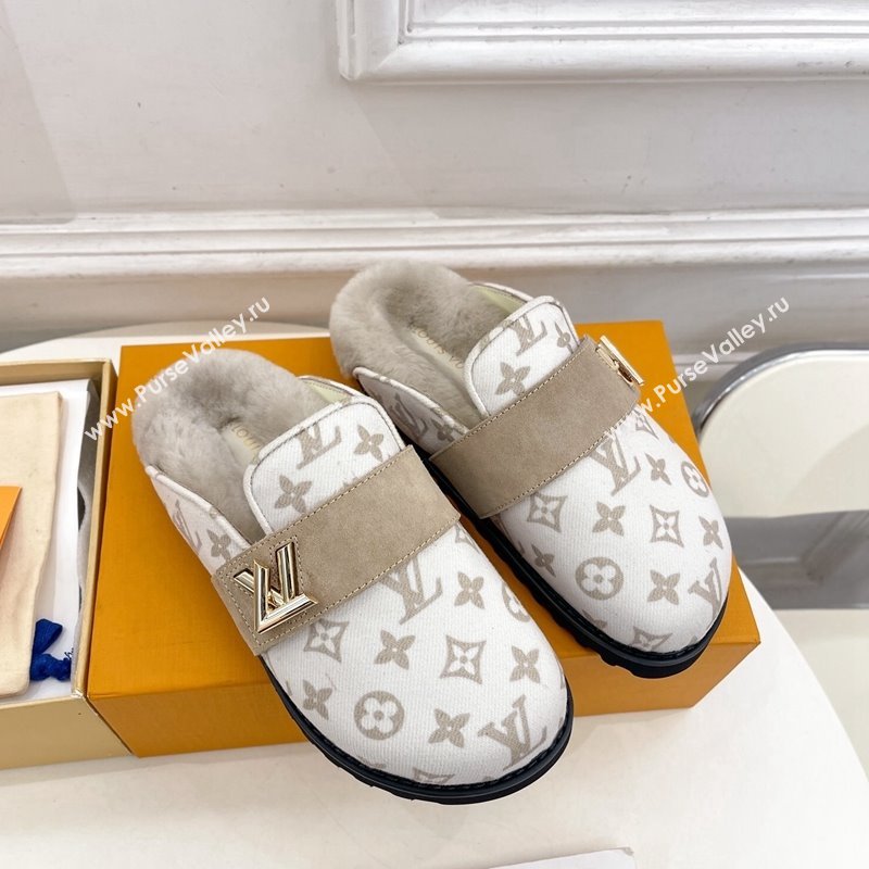 Louis Vuitton LV Cosy Flat Comfort Clog Mules in Monogram Wool and Shearling White 2024 1ADD7G (MD-241224048)