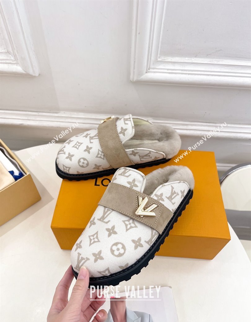 Louis Vuitton LV Cosy Flat Comfort Clog Mules in Monogram Wool and Shearling White 2024 1ADD7G (MD-241224048)