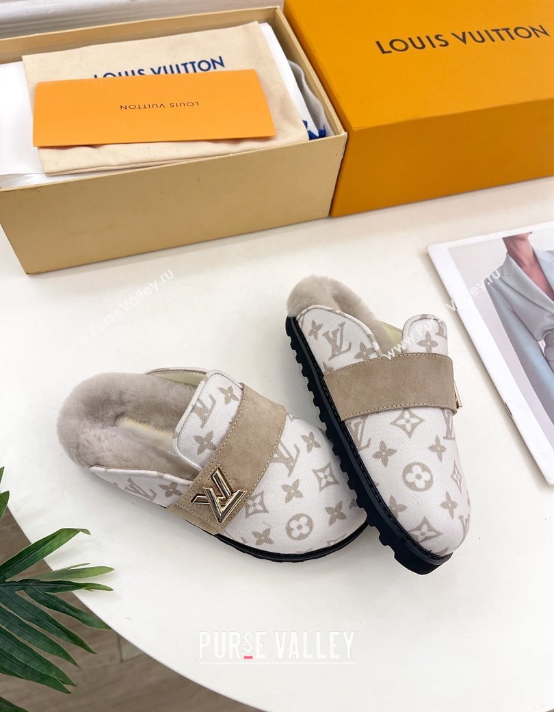 Louis Vuitton LV Cosy Flat Comfort Clog Mules in Monogram Wool and Shearling White 2024 1ADD7G (MD-241224048)