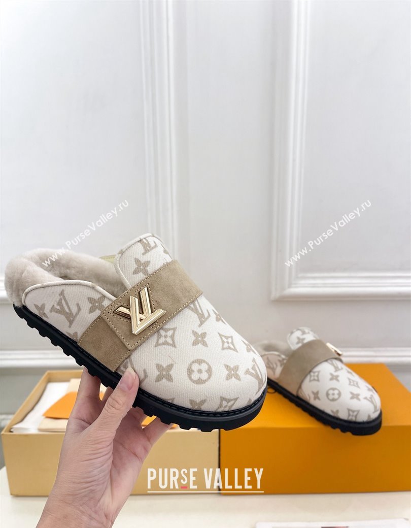 Louis Vuitton LV Cosy Flat Comfort Clog Mules in Monogram Wool and Shearling White 2024 1ADD7G (MD-241224048)