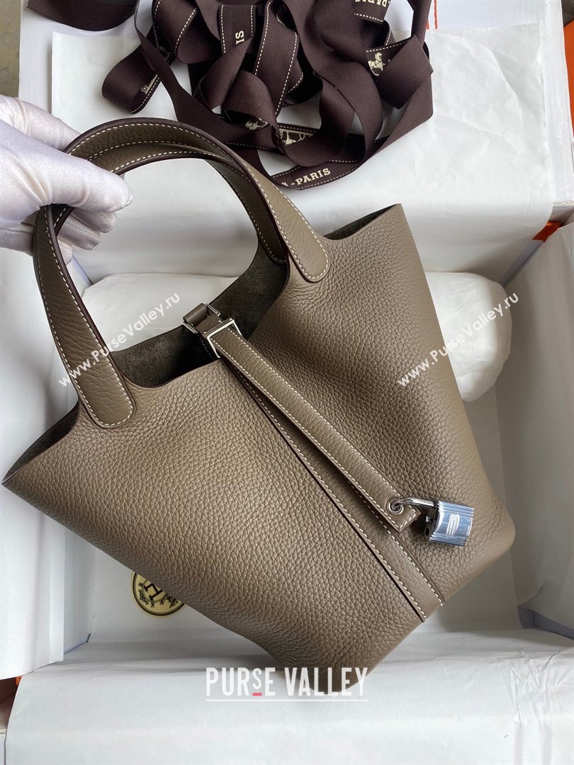 Hermes Picotin Lock Bag 18cm/22cm in Taurillon Clemence Leather Etoupe/Silver 2024 (Pure Handmade) (XYA-24042911)
