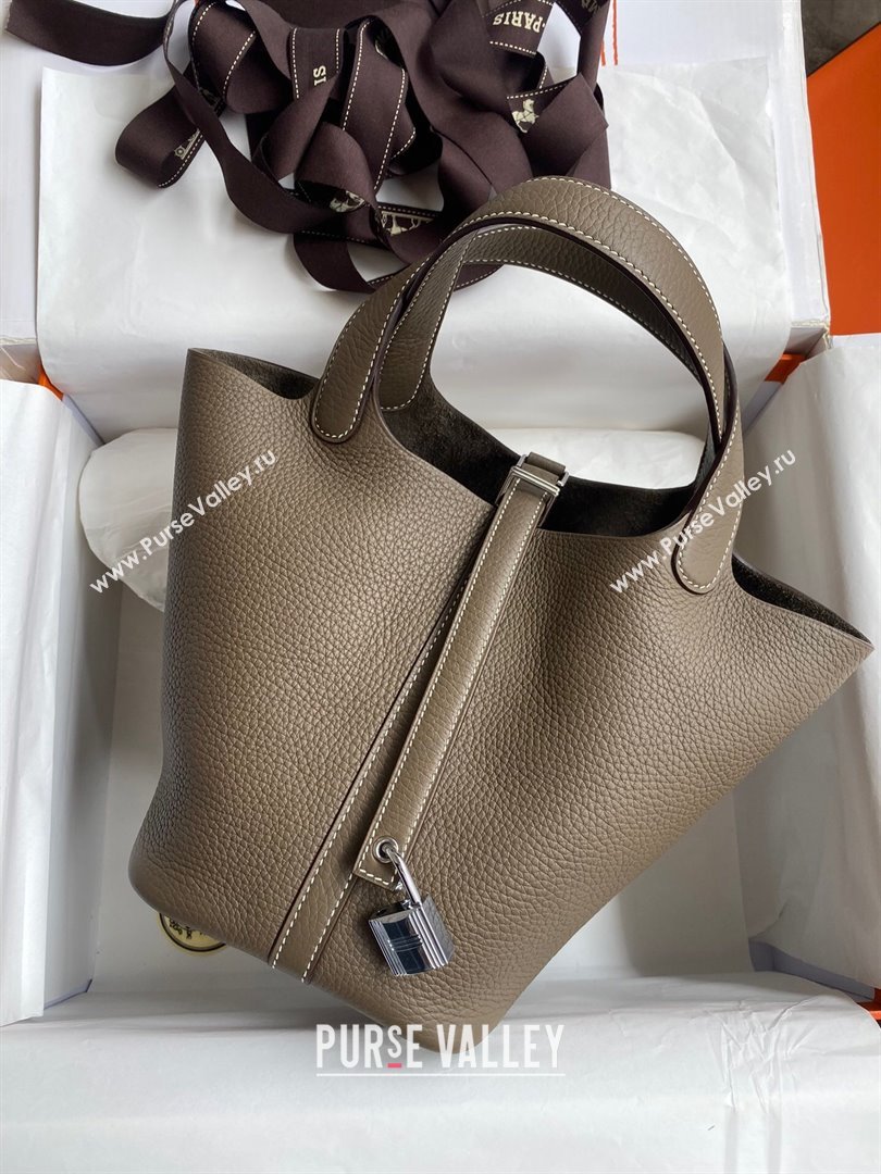 Hermes Picotin Lock Bag 18cm/22cm in Taurillon Clemence Leather Etoupe/Silver 2024 (Pure Handmade) (XYA-24042911)