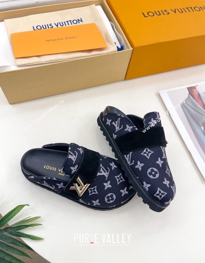 Louis Vuitton LV Cosy Flat Comfort Clog Mules in Monogram Wool and Suede Dark Blue 2024 1ADD7G (MD-241224049)