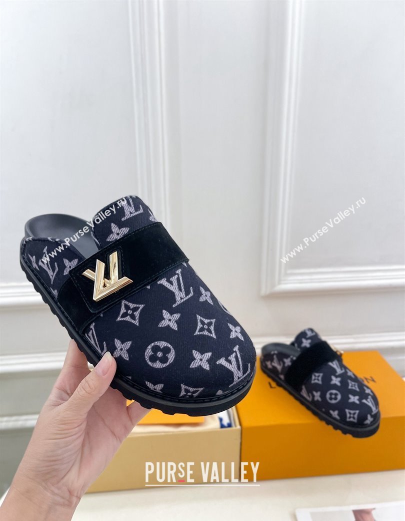 Louis Vuitton LV Cosy Flat Comfort Clog Mules in Monogram Wool and Suede Dark Blue 2024 1ADD7G (MD-241224049)