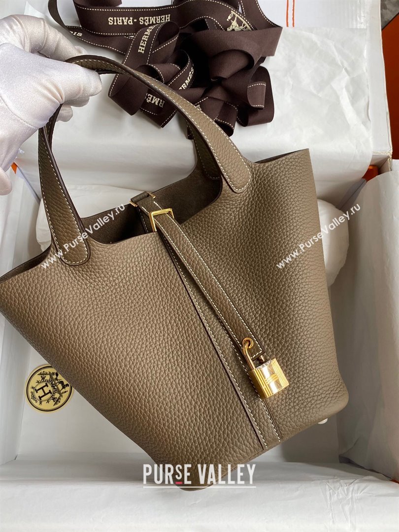 Hermes Picotin Lock Bag 18cm/22cm in Taurillon Clemence Leather Etoupe/Gold 2024 (Full Handmade) (XYA-24042912)