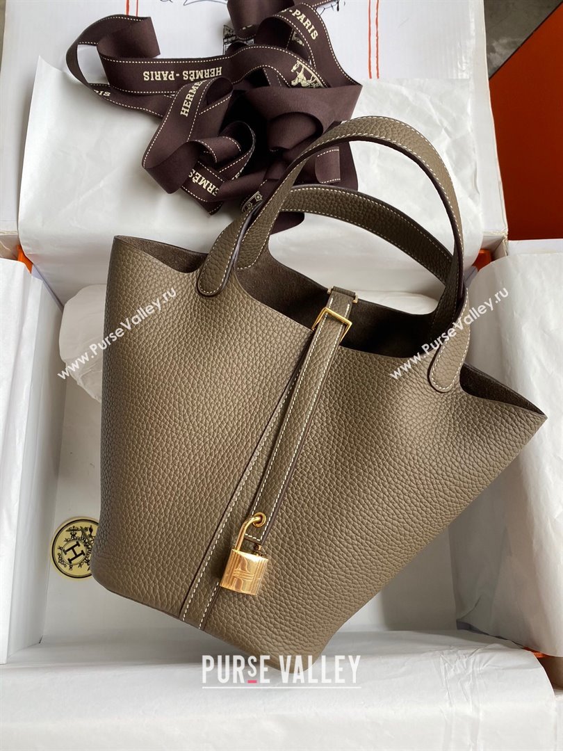 Hermes Picotin Lock Bag 18cm/22cm in Taurillon Clemence Leather Etoupe/Gold 2024 (Full Handmade) (XYA-24042912)