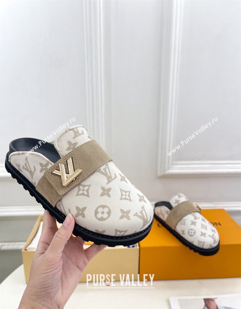 Louis Vuitton LV Cosy Flat Comfort Clog Mules in Monogram Wool and Suede White 2024 1ADD7G (MD-241224050)