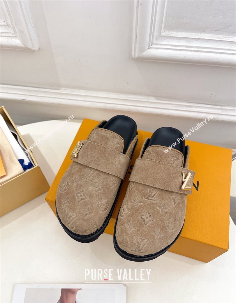 Louis Vuitton LV Cosy Flat Comfort Clog Mules in Monogram Suede 2 Dark Beige 2024 1ADD7G (MD-241224051)