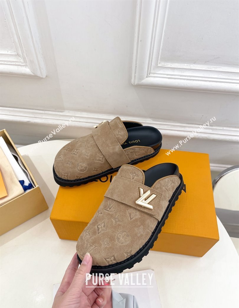 Louis Vuitton LV Cosy Flat Comfort Clog Mules in Monogram Suede 2 Dark Beige 2024 1ADD7G (MD-241224051)