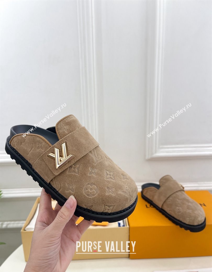 Louis Vuitton LV Cosy Flat Comfort Clog Mules in Monogram Suede 2 Dark Beige 2024 1ADD7G (MD-241224051)