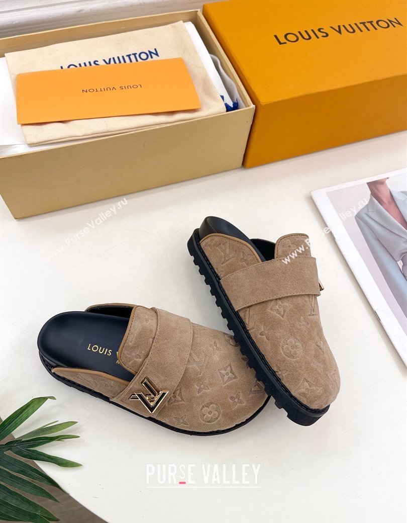 Louis Vuitton LV Cosy Flat Comfort Clog Mules in Monogram Suede 2 Dark Beige 2024 1ADD7G (MD-241224051)