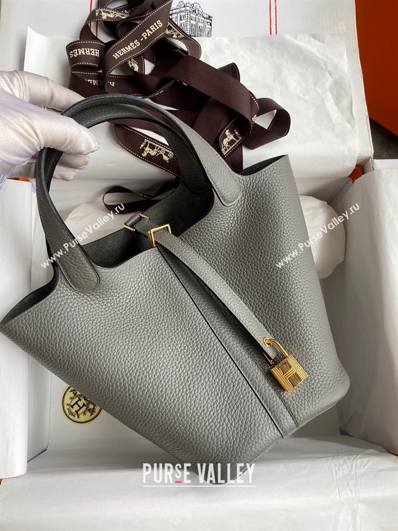 Hermes Picotin Lock Bag 18cm/22cm in Taurillon Clemence Leather Cumulonimbus Grey/Gold 2024 (Pure Handmade) (XYA-24042914)