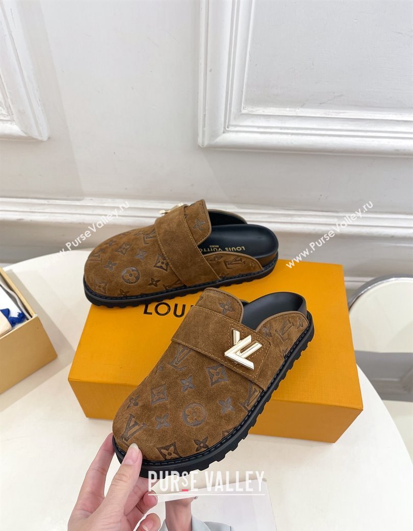 Louis Vuitton LV Cosy Flat Comfort Clog Mules in Monogram Suede 2 Brown 2024 1ADD7G (MD-241224052)