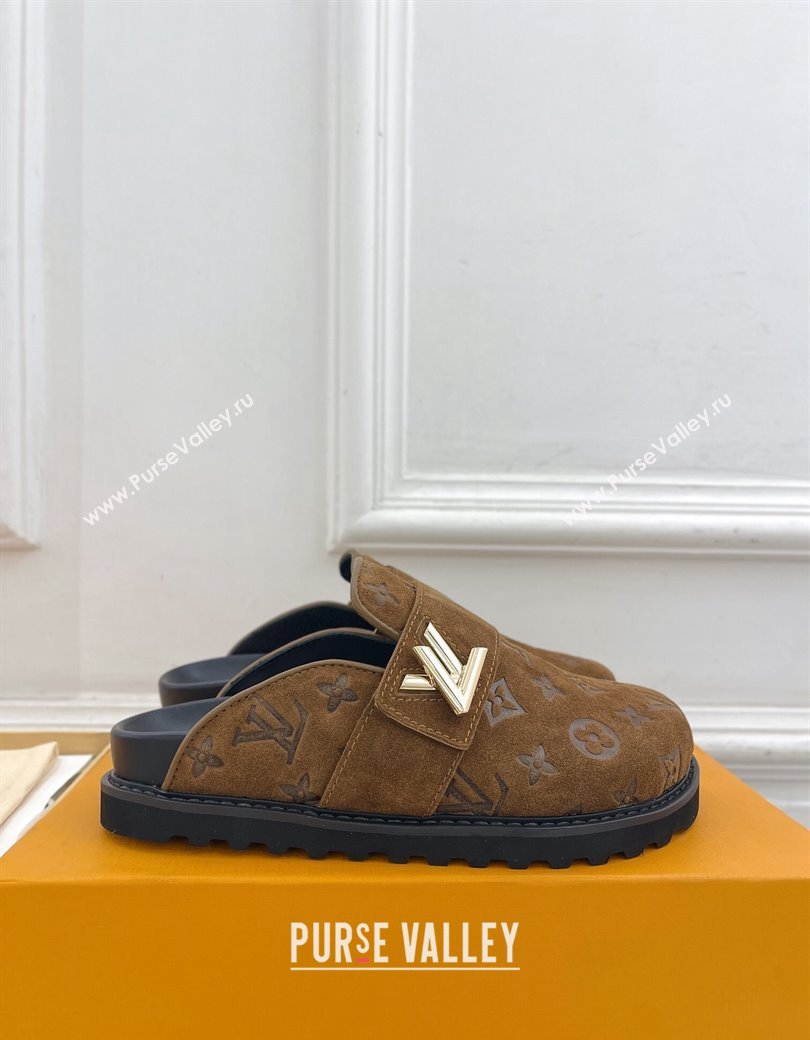 Louis Vuitton LV Cosy Flat Comfort Clog Mules in Monogram Suede 2 Brown 2024 1ADD7G (MD-241224052)