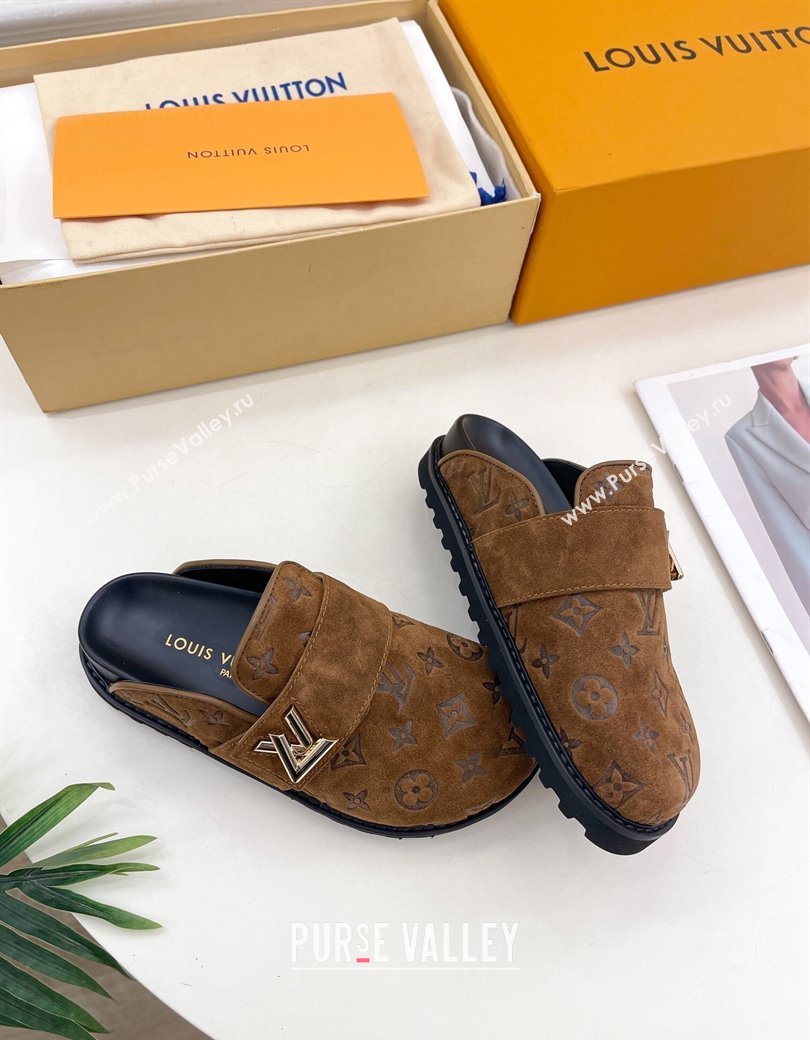 Louis Vuitton LV Cosy Flat Comfort Clog Mules in Monogram Suede 2 Brown 2024 1ADD7G (MD-241224052)