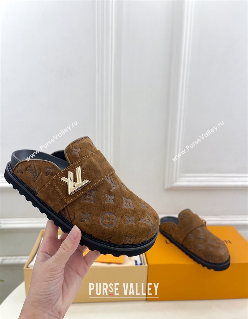 Louis Vuitton LV Cosy Flat Comfort Clog Mules in Monogram Suede 2 Brown 2024 1ADD7G (MD-241224052)