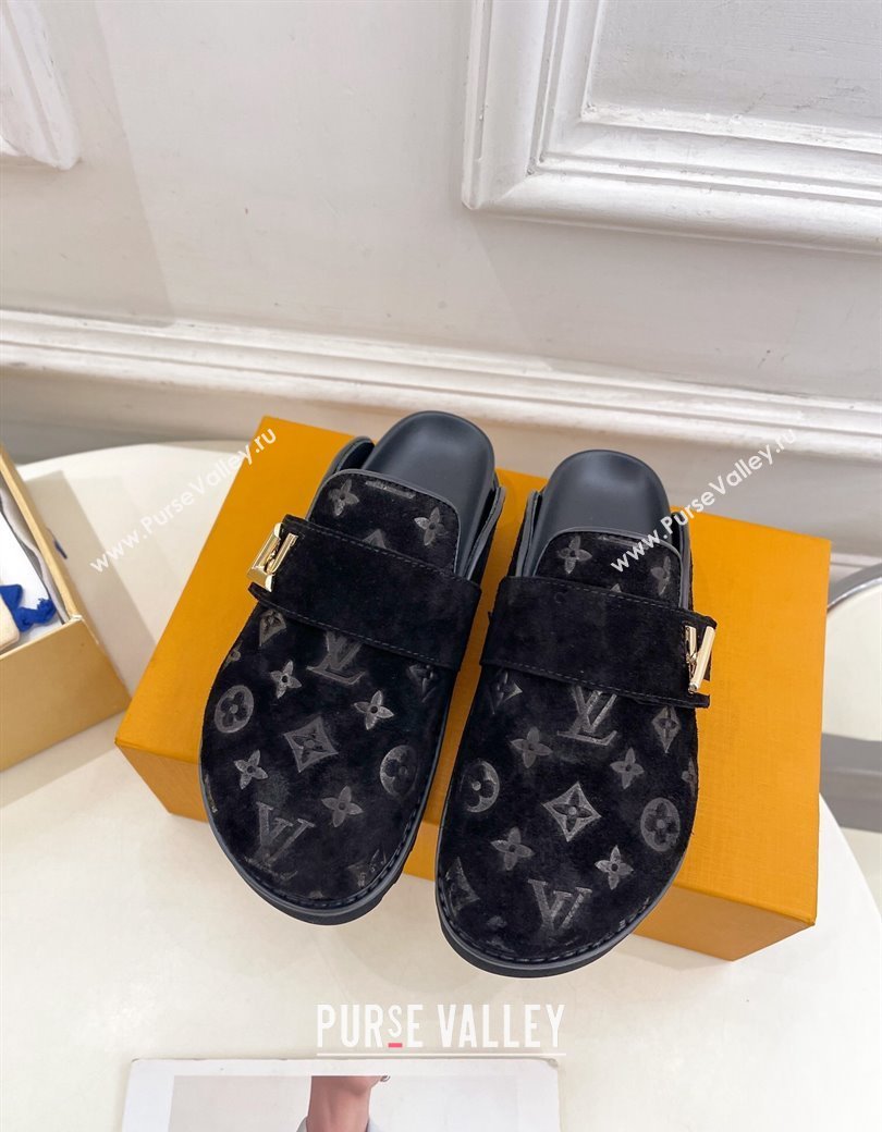 Louis Vuitton LV Cosy Flat Comfort Clog Mules in Monogram Suede 2 Black 2024 1ADD7G (MD-241224053)