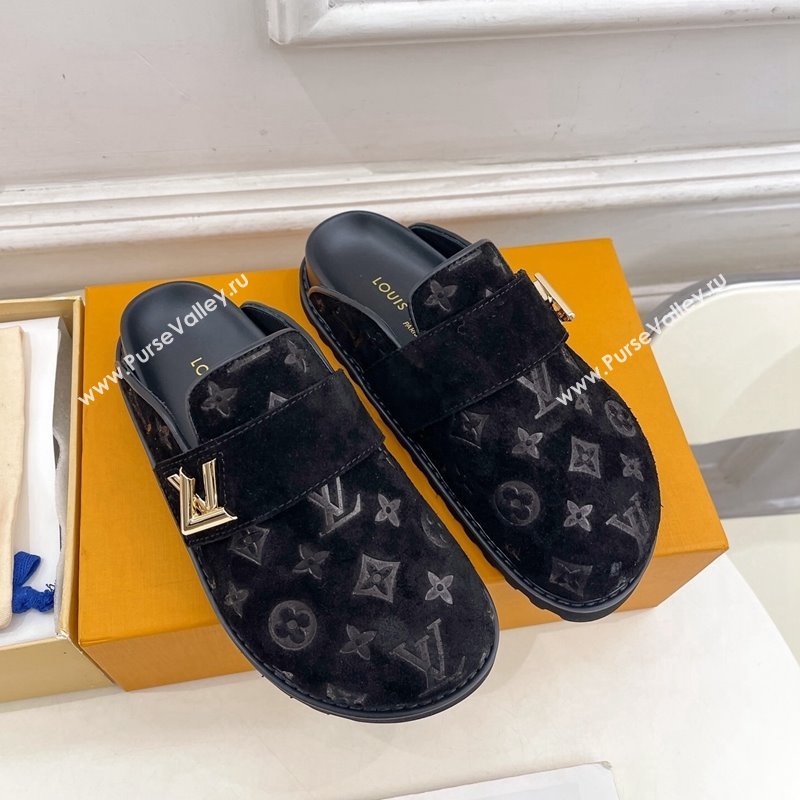 Louis Vuitton LV Cosy Flat Comfort Clog Mules in Monogram Suede 2 Black 2024 1ADD7G (MD-241224053)